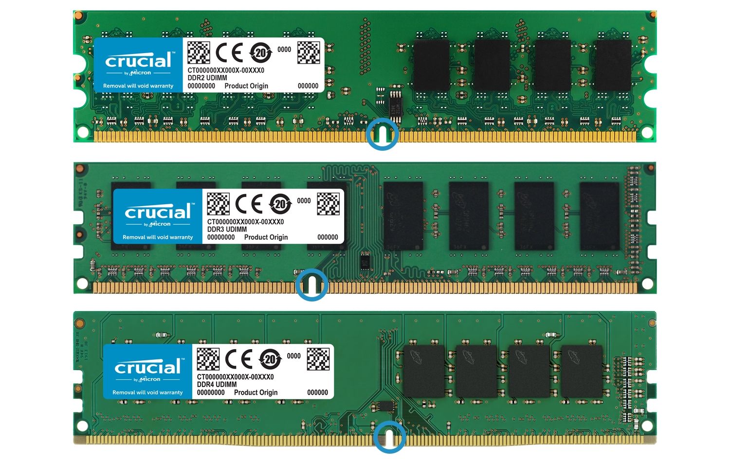 Crucial RAMメモリモジュールには3つの世代があり、各世代のメモリの物理的形状の変化を強調するように其々を並べて配置します。