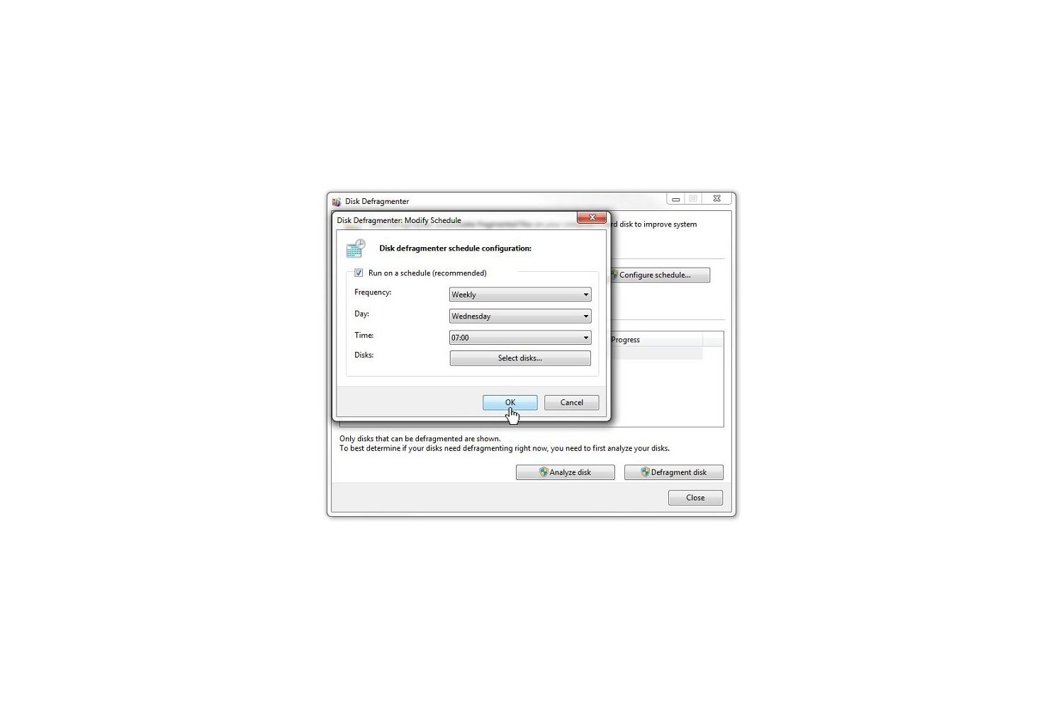 Windows 7の[ディスクデフラグツール：スケジュールの変更]ポップアップウィンドウ