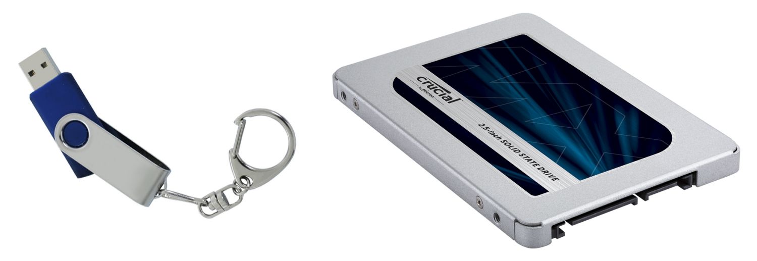 USBフラッシュドライブとCrucial SSDを含む揮発性ストレージの2つの例
