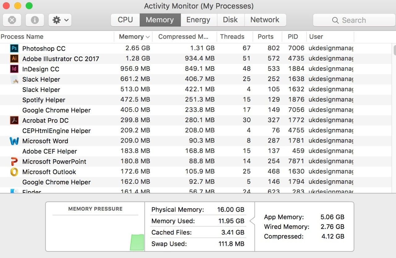 Macの[アクティビティモニタ（自分のプロセス）]ウィンドウのスクリーンショット