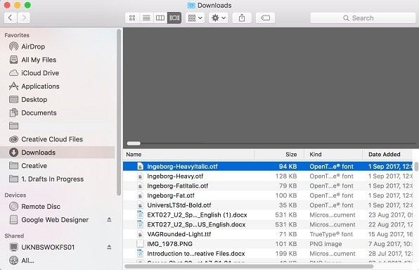 Macの[ダウンロード]フォルダのポップアップウィンドウのスクリーンショット