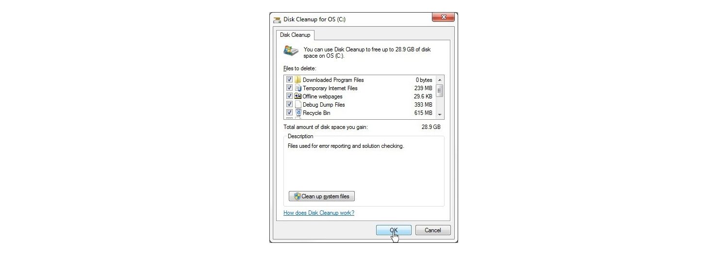 Windows 7の[Disk Cleanup for OS]ポップアップウィンドウ