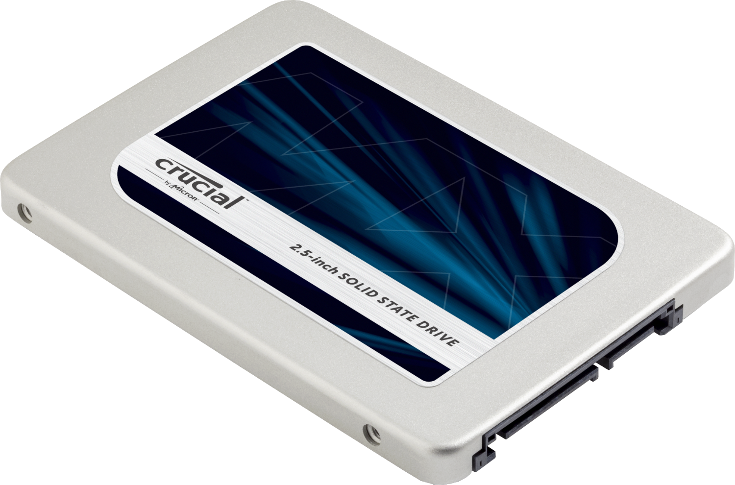 白を背景に、単体で取り出されたパソコン用のCrucialソリッドステートドライブ（SSD）